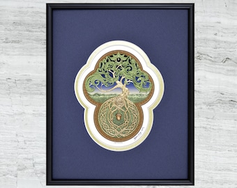 May include: A framed print of a stylized tree with green leaves and brown roots. The tree is surrounded by a Celtic knot design and an acorn. The print is on a white background and has a gold border.