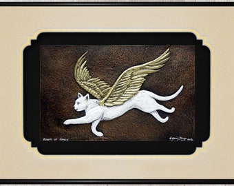 Flight of Fancy - Cast Paper - Fantasy art - Winged Feline- Angel Cat - Kitty Fairy - White Cat