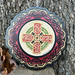 Celtic Sun Cross -  Hand Painted Cast Paper - Irish Scottish Welsh Norse Icelandic Gaelic Pictish Art - Celtic Knot - Aesthetic Wall Decor