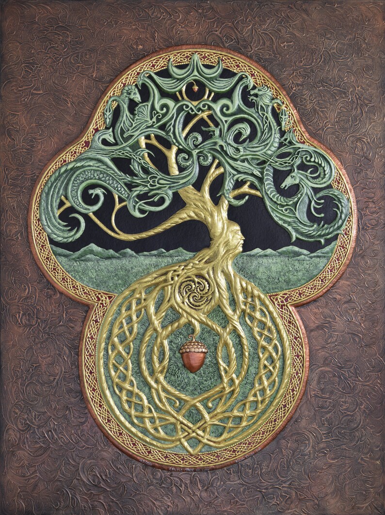 The Celtic Tree of Life Cast Paper Large Tree Green Arbor Big Tree Great Oak Acorn yggdrasil image 3