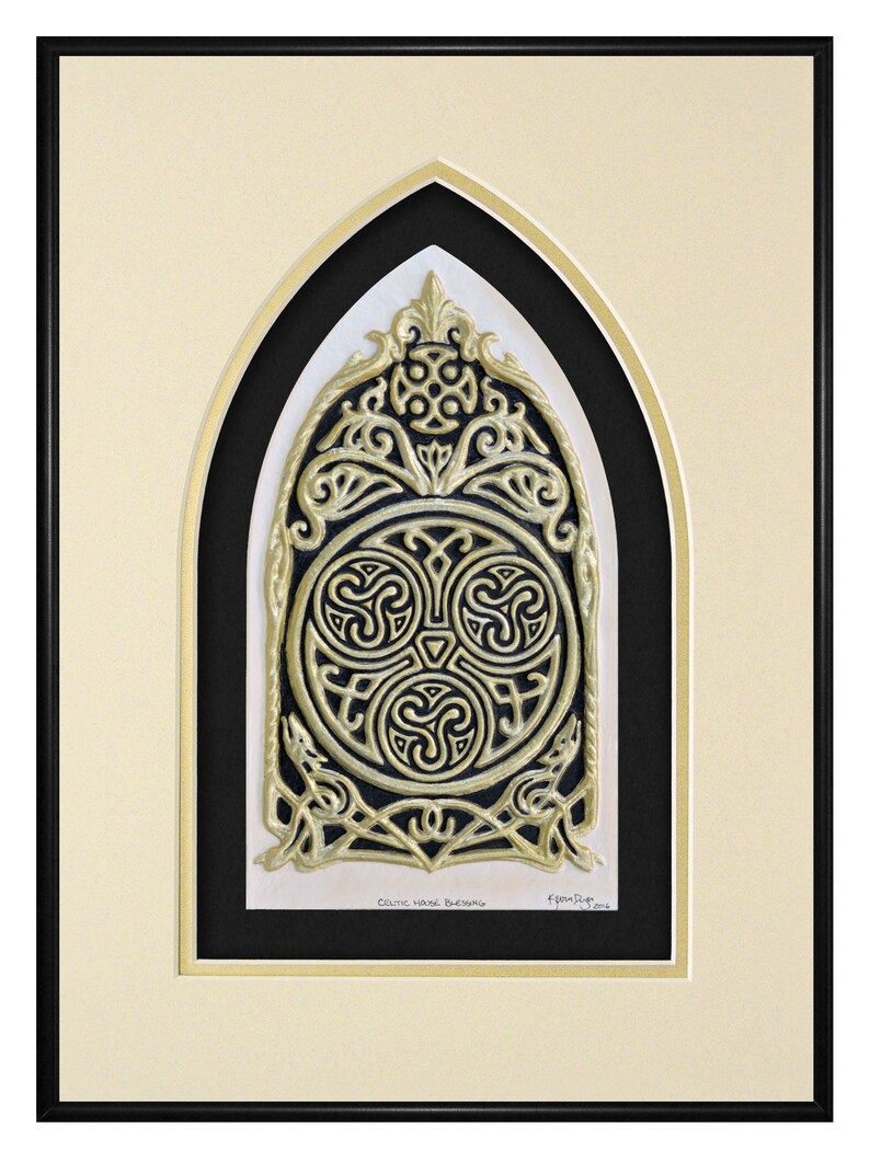 Celtic House Blessing Cast Paper Irish home blessing Scottish Celtic Knot Work housewarming realtor closing gift wall art Cream-Gold-Black