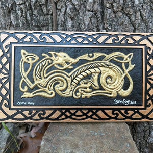 Celtic Dog  - Hand Painted Cast Paper Kevin Dyer - Zoomorphic Irish Scottish Welsh Pictish Norse Viking Aesthetic Wall Decor