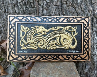 Celtic Dog  - Hand Painted Cast Paper Kevin Dyer - Zoomorphic Irish Scottish Welsh Pictish Norse Viking Aesthetic Wall Decor
