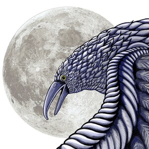 May include: A detailed illustration of a stylized bird with a long beak and textured feathers, set against a full moon. The bird is primarily shades of blue and white, with a yellow eye. The moon is a soft gray, creating a contrast with the bird.