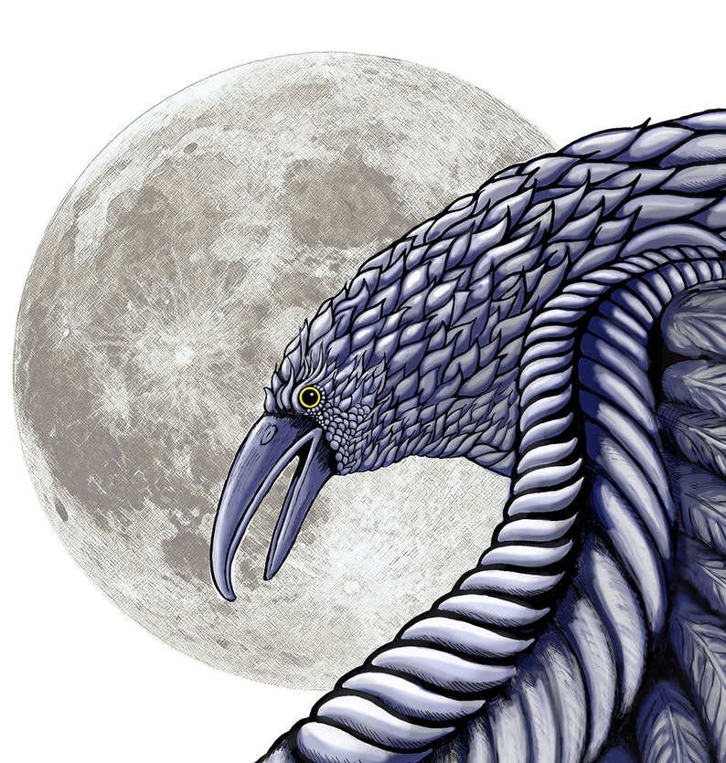 May include: A detailed illustration of a stylized bird with a long beak and textured feathers, set against a full moon. The bird is primarily shades of blue and white, with a yellow eye. The moon is a soft gray, creating a contrast with the bird.