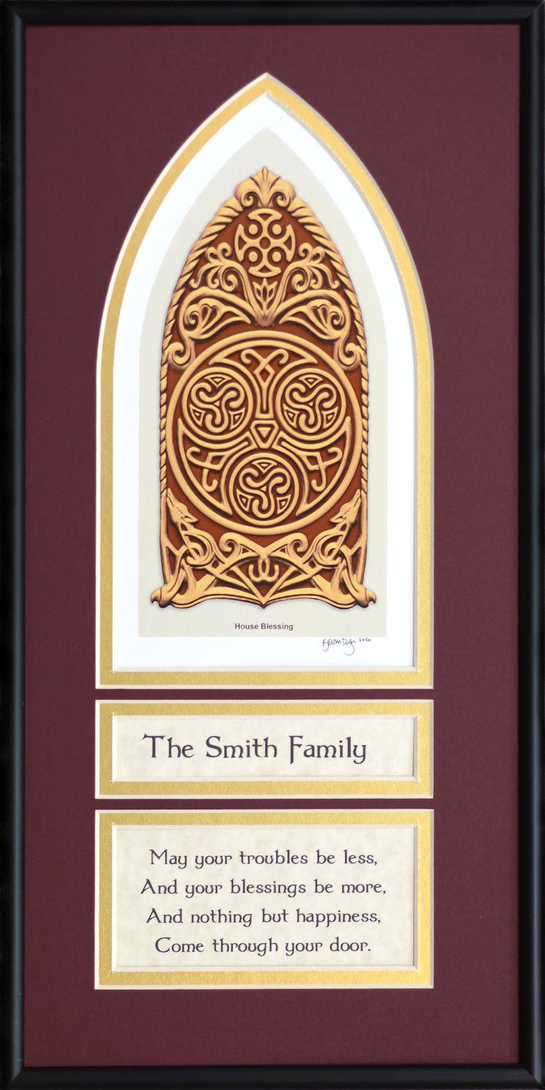 Personalized Celtic House Blessing Digital Art Print 8 x 16 Irish Scottish new home housewarming gift Aesthetic Wall Décor Maroon - Gold