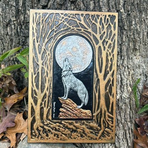 Call of the Wild - Cast Paper - Wolf Howling at moon - Big moon - handmade -silver wolf - white wolf