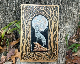 Ruf der Wildnis - Cast Paper - Wolf heult den Mond an - Grosser Mond - handgemacht -silber Wolf - weisser Wolf
