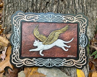 Flight of Fancy - Cast Paper - Fantasy art - Winged Feline- Angel Cat - Kitty Fairy - Black White Cat
