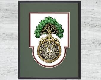 Ouroboros Tree- Framed Digital Art Print -  8" x 10" - Great Oak - Acorn - Irish art - yggdrasil - norse - oroboros - Jörmungandr