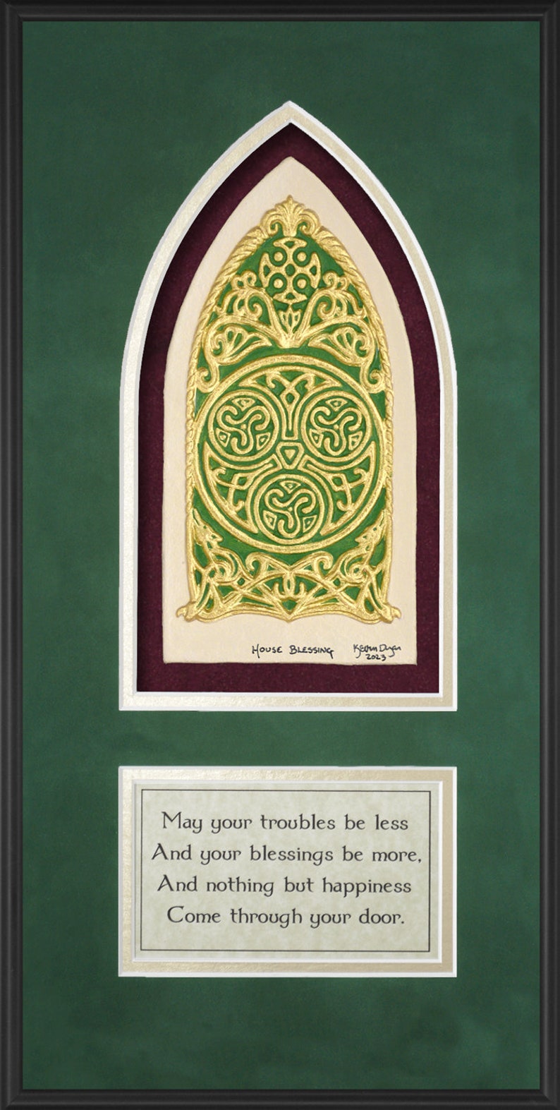Celtic House Blessing Hand Painted Cast Paper Aesthetic wall décor Irish Scottish Realtor Housewarming Gift May your troubles poem Green-Gold-Maroon