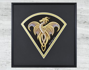 Fan Dragon - Framed Digital Print - 10" x 10" - Fantasy art -Gold Dragon - Drake - Draco - winged dragon -wyvern - wall art