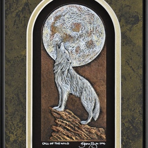 Call of the Wild Cast Paper Wolf Howling at moon Big moon handmade silver wolf white wolf Blk Mrble-Gold-Black