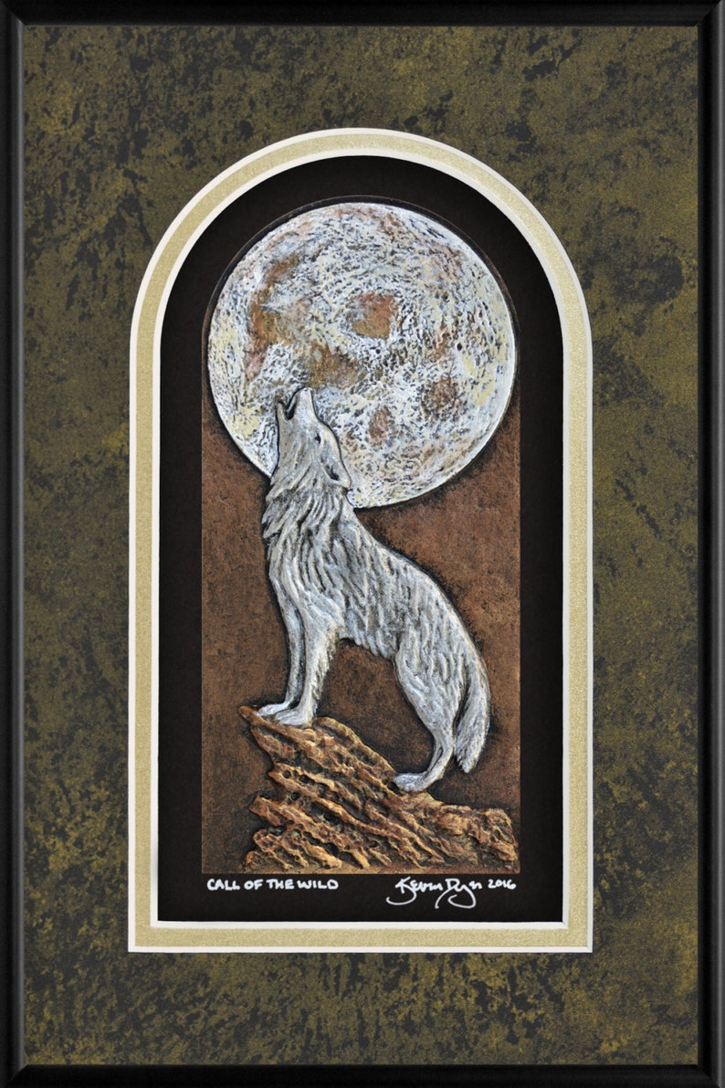 Call of the Wild Cast Paper Wolf Howling at moon Big moon handmade silver wolf white wolf Blk Mrble-Gold-Black