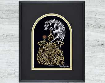 Celtic Dragon - Framed Digital Art Print - Fantasy gift - Irish - 8" x 10"