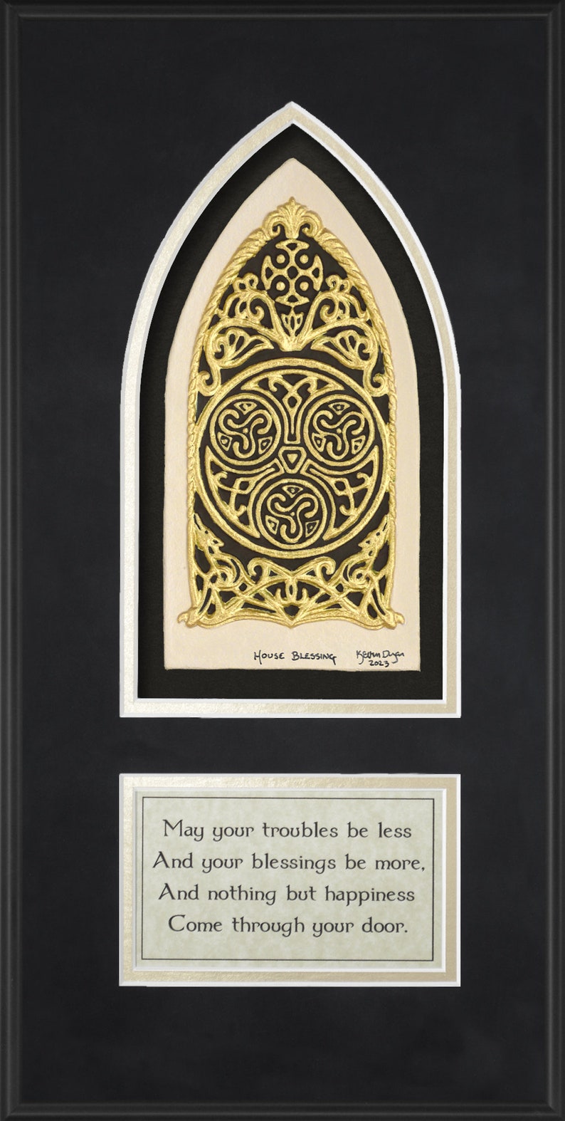 Celtic House Blessing Hand Painted Cast Paper Aesthetic wall décor Irish Scottish Realtor Housewarming Gift May your troubles poem Black-Gold-Black