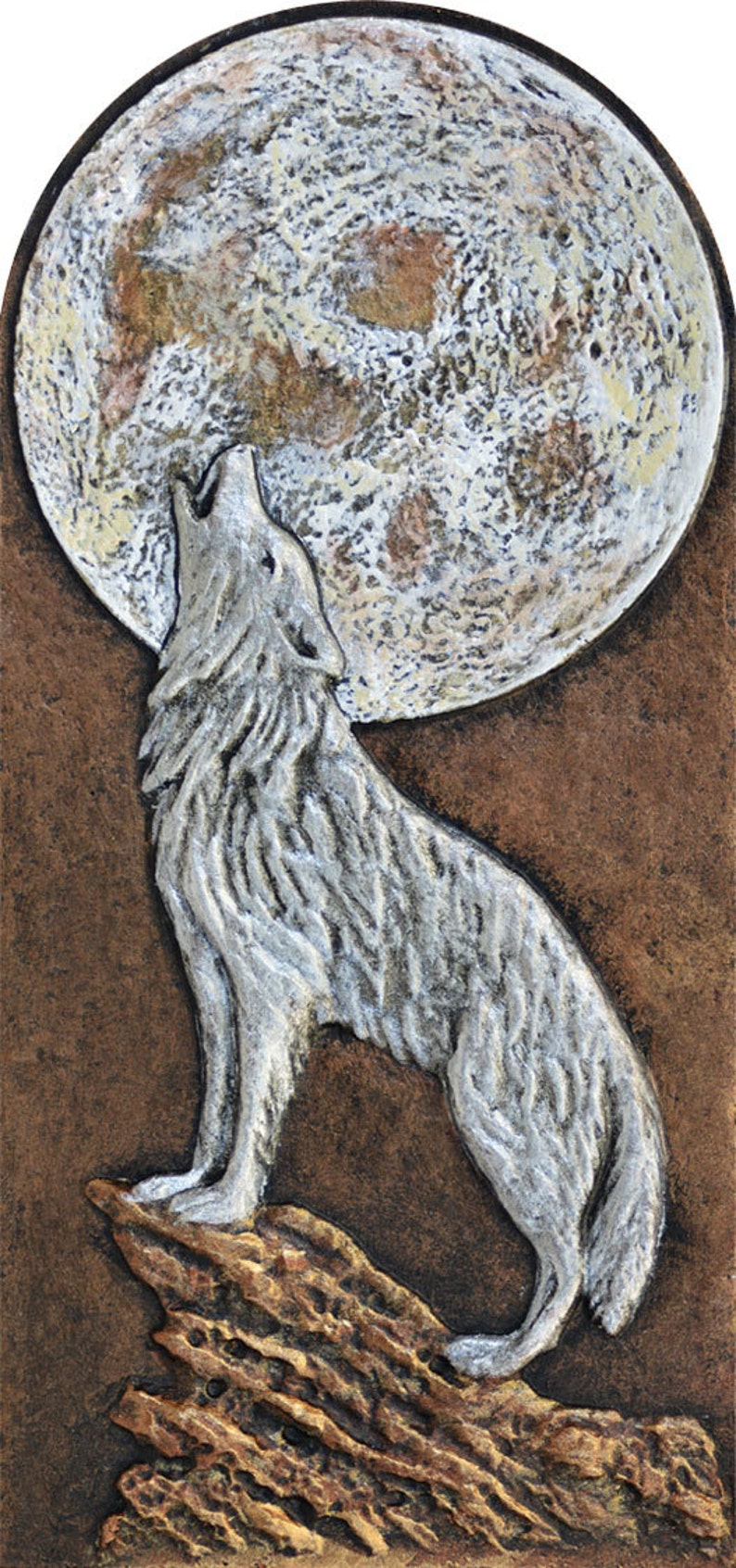 Call of the Wild Gegossenes Papier Wolf heult bei Mond Großer Mond Handarbeit silberner Wolf weißer Wolf Bild 2