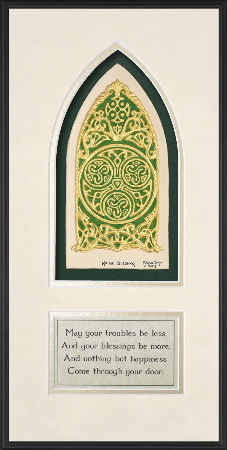 Celtic House Blessing Hand Painted Cast Paper Aesthetic Cream-Gold-Green