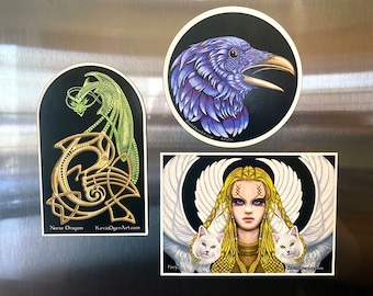 Norse Mythology Die-Cut Magnet 3 pack  |  Celtic Viking |  Freya Odin Raven | Dragon Fantasy