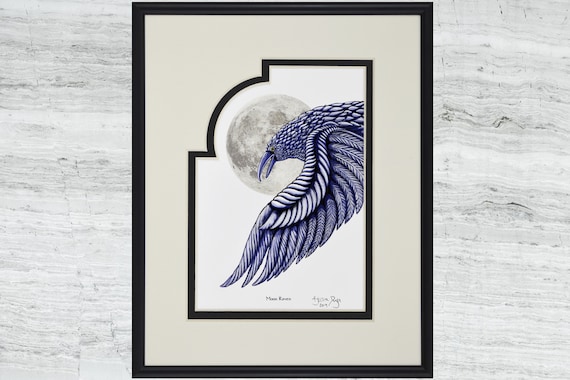 Moon Raven - Framed Digital Art Print - Odin  - 8" x 10"