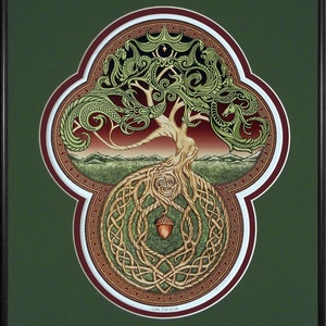 Celtic Tree of Life Framed Digital Art Print 11x 14 Tree Green Arbor Big Tree Great Oak Acorn Irish art yggdrasil Green - Maroon