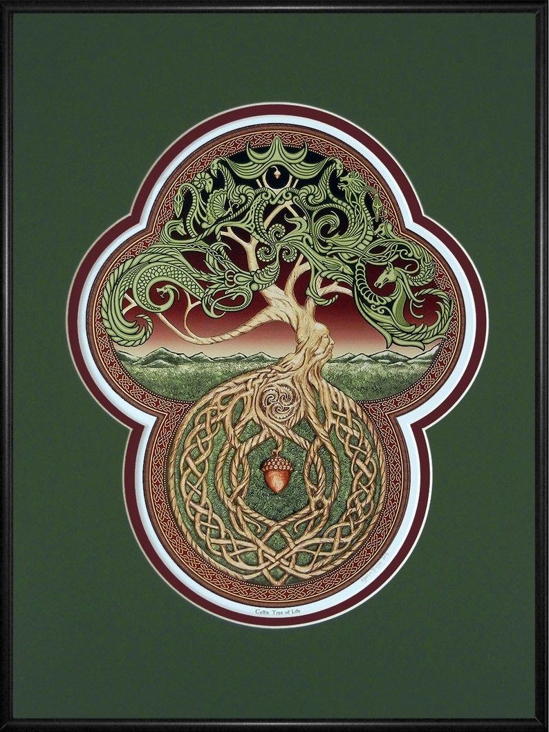 Celtic Tree of Life Framed Digital Art Print 11x 14 Tree Green Arbor Big Tree Great Oak Acorn Irish art yggdrasil Green - Maroon