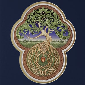 Celtic Tree of Life Framed Digital Art Print 11x 14 Tree Green Arbor Big Tree Great Oak Acorn Irish art yggdrasil Navy - Gold