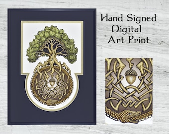 Ouroboros Tree- Framed Digital Art Print -  11" x 14" - Great Oak - Acorn - Irish art - yggdrasil - norse - oroboros - Jörmungandr