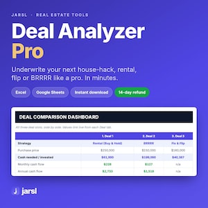 May include: A digital real estate tool titled Deal Analyzer Pro by JARSL. The interface features a Deal Comparison Dashboard with three columns comparing purchase price, cash needed, monthly cash flow, and annual cash flow for different strategies.