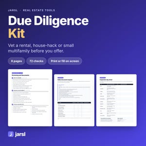 May include: A digital due diligence kit for real estate featuring three white document pages with black text on a blue gradient background. The kit includes 8 pages, 72 checks, and options to print or fill on screen, labeled JARSL Real Estate Tools.
