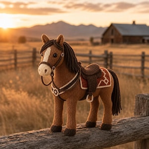 May include: A brown knitted horse toy featuring a dark brown mane and tail, a white blaze on its face, and a tan muzzle. The horse is equipped with a dark brown saddle and bridle, accented with cream-coloured stitching and a red saddle blanket.