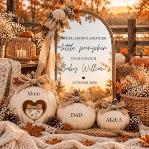 May include: An arched mirror with a wooden frame displaying the text WE'RE ADDING ANOTHER little pumpkin TO OUR PATCH Baby William OCTOBER 2026. Three white pumpkins are placed in front, labelled Mom, #2, DAD, and ALICA, with hessian bows.