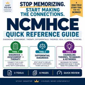 NCMHCE Quick Reference Guide | Diagnosis, Assessment, Therapy, Differential Diagnosis & Counseling Theories | Digital Study Tool
