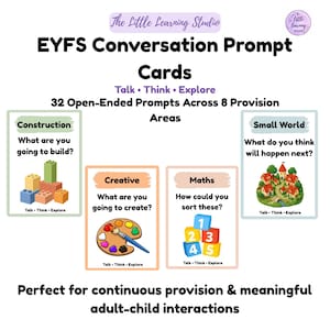 May include: A set of EYFS Conversation Prompt Cards featuring 32 open-ended prompts across 8 provision areas. The cards display colourful illustrations including building blocks, a paint palette, numbered cubes, and a small village scene with text.