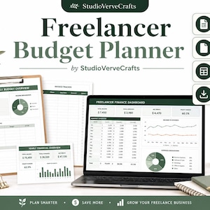 May include: A digital and printable Freelancer Budget Planner by StudioVerveCrafts featuring a laptop displaying a finance dashboard, a clipboard with a monthly budget overview, an invoice tracker, and a yearly financial overview chart.
