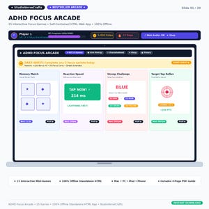 Op de afbeelding: Een digitale interface getiteld ADHD FOCUS ARCADE weergegeven op een laptopscherm, met 15 interactieve focusspellen, een dagelijkse quest-tracker, spelersstatistieken en spelcategorieën zoals Memory Match, Reaction Speed, Stroop Challenge en Target Tap Reflex.