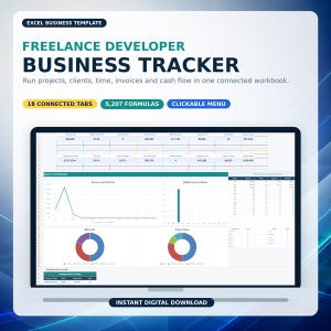 以下が含まれることがあります： フリーランス開発者向けのExcelビジネス用テンプレート「Business Tracker」。18個の接続されたタブ、5,207個の数式、クリック可能なメニューを備えています。画面には、データテーブル、折れ線グラフ、棒グラフ、2つの円グラフを含むダッシュボードが表示されています。