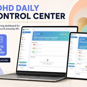 Könnte beinhalten: Ein Laptop und ein Tablet mit der Benutzeroberfläche des digitalen HTML-Planers ADHD DAILY CONTROL CENTER. Der Bildschirm zeigt ein Dashboard mit Aufgabenlisten und Planungstools. Ein blaues Symbol mit dem Text DIGITAL HTML PLANNER und StudioVerveCrafts ist auf der linken Seite zu sehen.