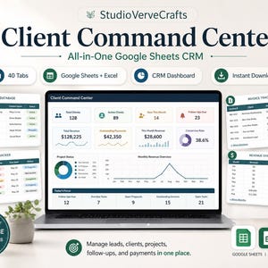 Pode incluir: Um painel digital Client Command Center exibido na tela de um laptop, apresentando um CRM Google Sheets tudo-em-um com 40 abas, rastreador de tarefas, faturas e visão geral de receita para gerenciar leads, projetos e pagamentos.
