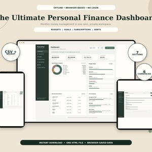 Könnte beinhalten: Ein digitales Finanz-Dashboard für persönliche Finanzen auf einem Laptop, Smartphone und Tablet. Die Benutzeroberfläche enthält Text wie The Ultimate Personal Finance Dashboard, Budgets, Goals, Subscriptions, Debts, CSV + Backup, 7 Sections und 6 Currencies.