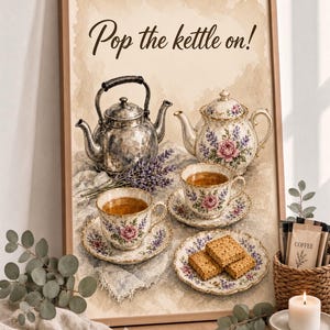 May include: A framed wall art print featuring the text Pop the kettle on! with a watercolour illustration of a metallic kettle, a floral porcelain teapot, two matching teacups on saucers filled with tea, and a plate of square biscuits.