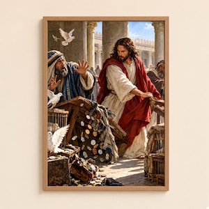 May include: A framed wall art print depicting a scene with a central figure in a white robe and red cloak overturning a wooden table. Coins are spilling from the table onto the ground, while white doves fly nearby and wooden cages are visible.