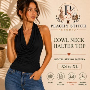 Könnte beinhalten: Ein schwarzes Neckholder-Top mit Wasserfall-Ausschnitt, getragen zu einer blauen Jeans. Das Bild enthält Text: Peachy Stitch Studio, Cowl Neck Halter Top, Digital Sewing Pattern, XS to XL, A4 + US Letter, Intermediate Level und Instant Download.