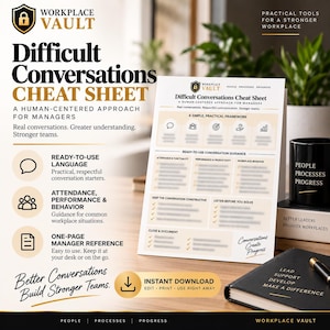Puede incluir: Una hoja de referencia de una página titulada Difficult Conversations Cheat Sheet para gerentes de Workplace Vault. El documento incluye secciones para un marco simple y práctico, guías de conversación y consejos sobre desempeño y conducta.