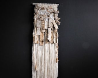 Silver Birch Wall Hanging, Art Yarn Wall Hanging, Weaving Wall Hanging, Birch Bark, Cabin Decor,Woodland Decor,  Embroidery Art, Wall Decor