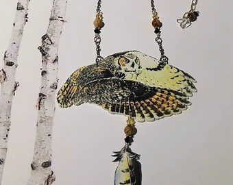 Great Horn Owl necklace  owl statement necklace  feather  swarovski crystals beaded necklace
