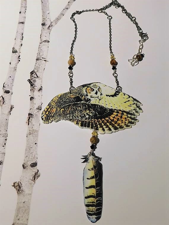 Great Horn Owl necklace  owl statement necklace  feather  swarovski crystals beaded necklace