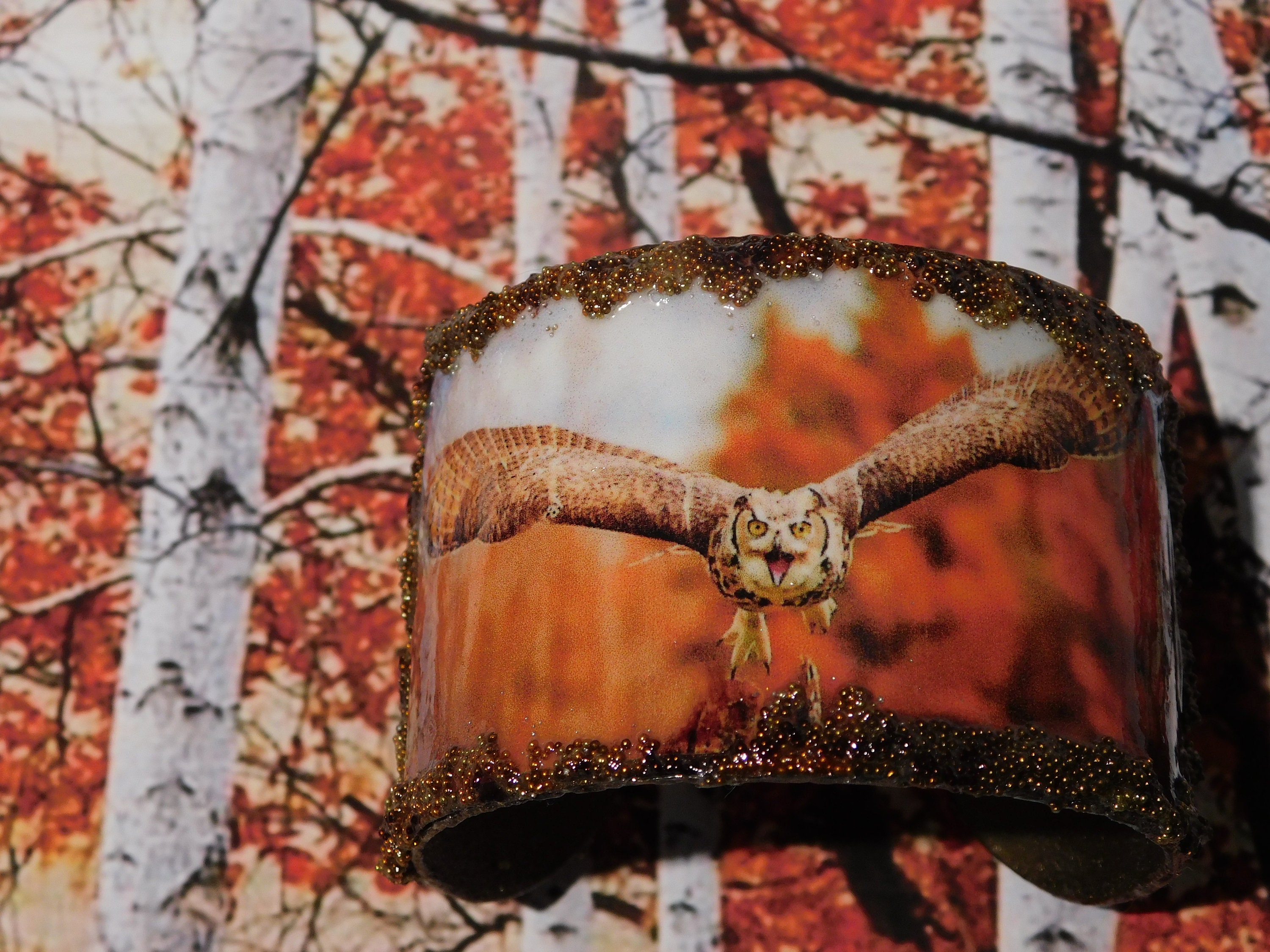 Great Horn Owl bracelet, owl cuff, mixed media bracelet, fall autumn beaded cuff bracelet