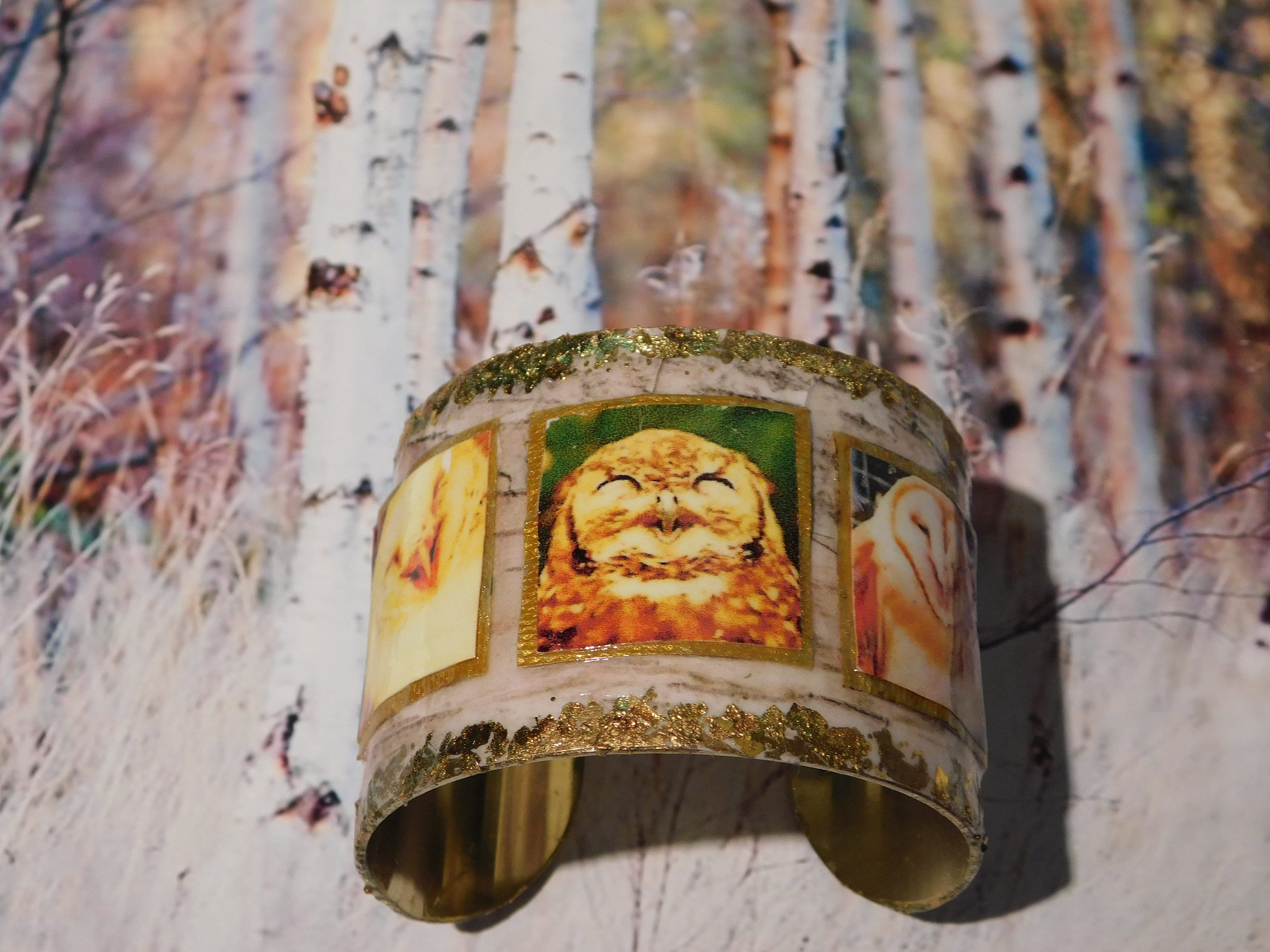 Owl bracelet, laughing owl cuff, mixed media  bracelet, gold leaf  birch cuff bracelet