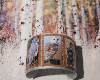 Owl bracelet, owl cuff, mixed media  bracelet,  birch cuff bracelet